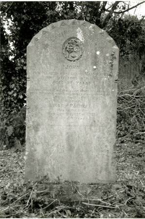Photograph of the gravestone of John Palmer died April 3 1888 aged 57 years and his wife Mary Palmer died Nov 30 1921aged 89 years